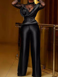 Simple Round-Neck Split-Joint Ruffled See-Through Straight Leg Jumpsuits