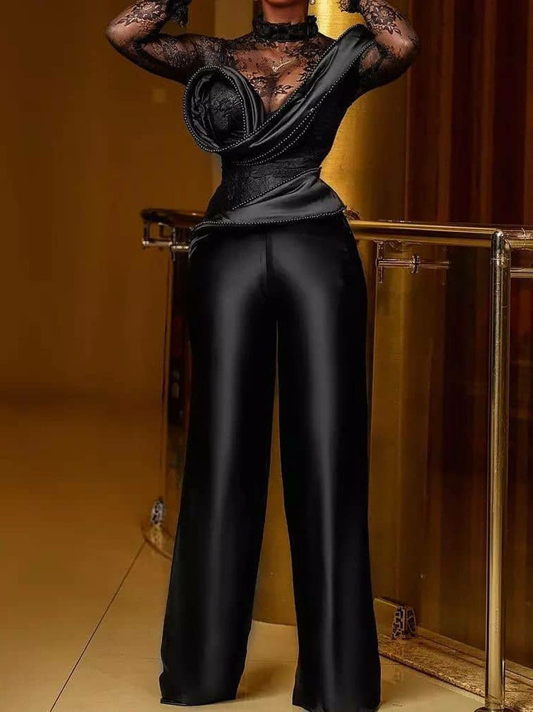 Simple Round-Neck Split-Joint Ruffled See-Through Straight Leg Jumpsuits