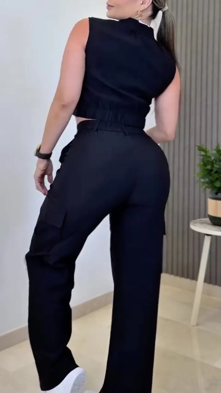 Sleeveless Zip-Up Top and Wide Leg Pants Set