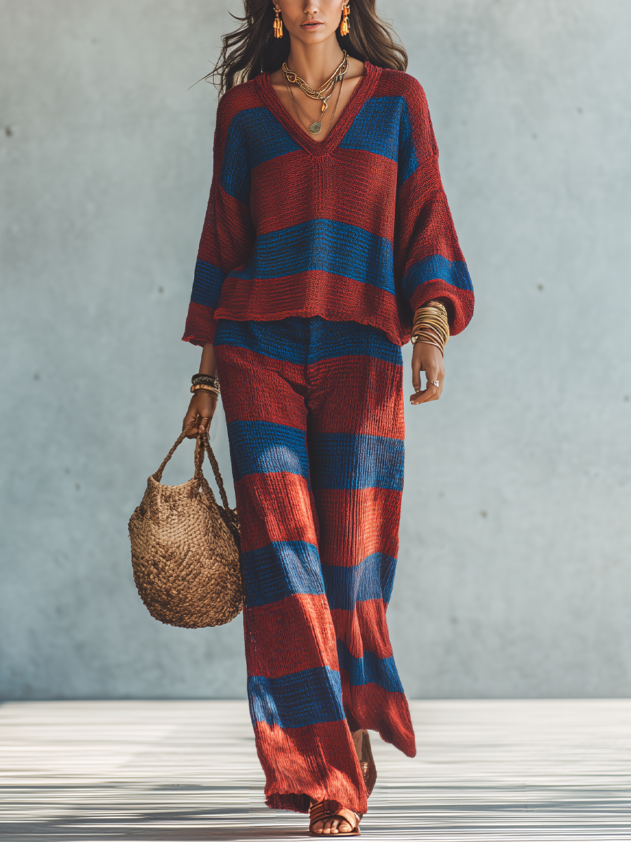 Boho Striped Knit Top & Wide-Leg Pants Set
