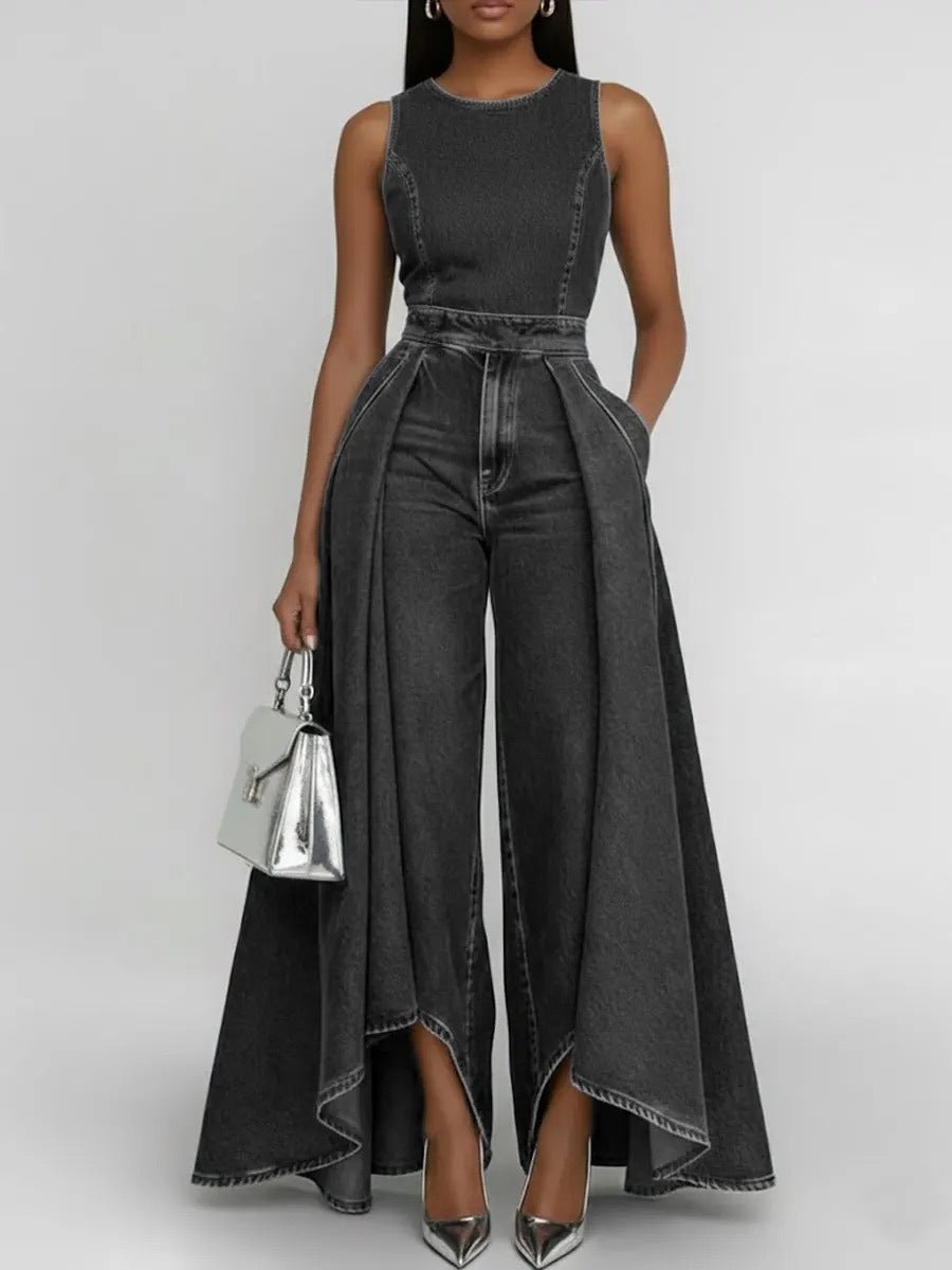 Women's Avant-Garde Skirt-Effect Denim Jumpsuit - Elegant High-Waist Sleeveless One-Piece Pant Suit