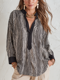 Refined Black Striped Split-Neck Blouse