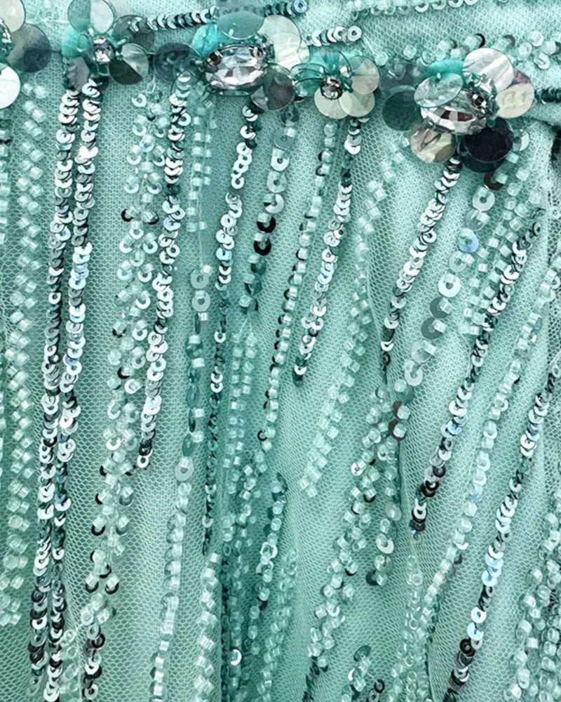 Crystal Floral Strap Sequin Maxi Dress Green