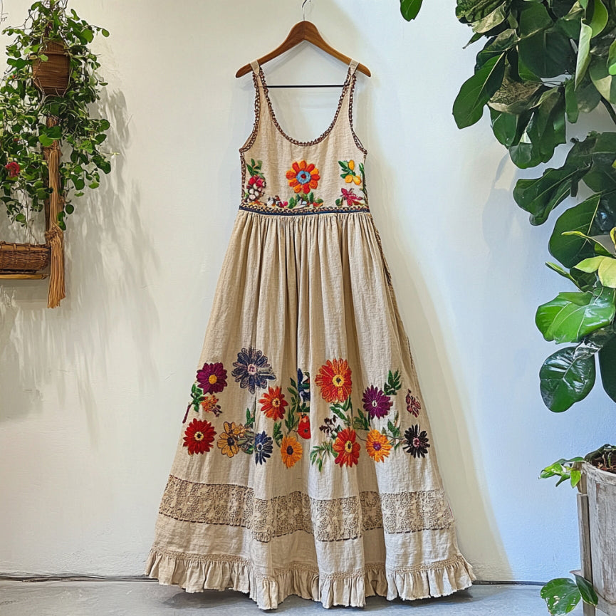 Women's Bohemian Floral Embroidered Long Suspender Skirt