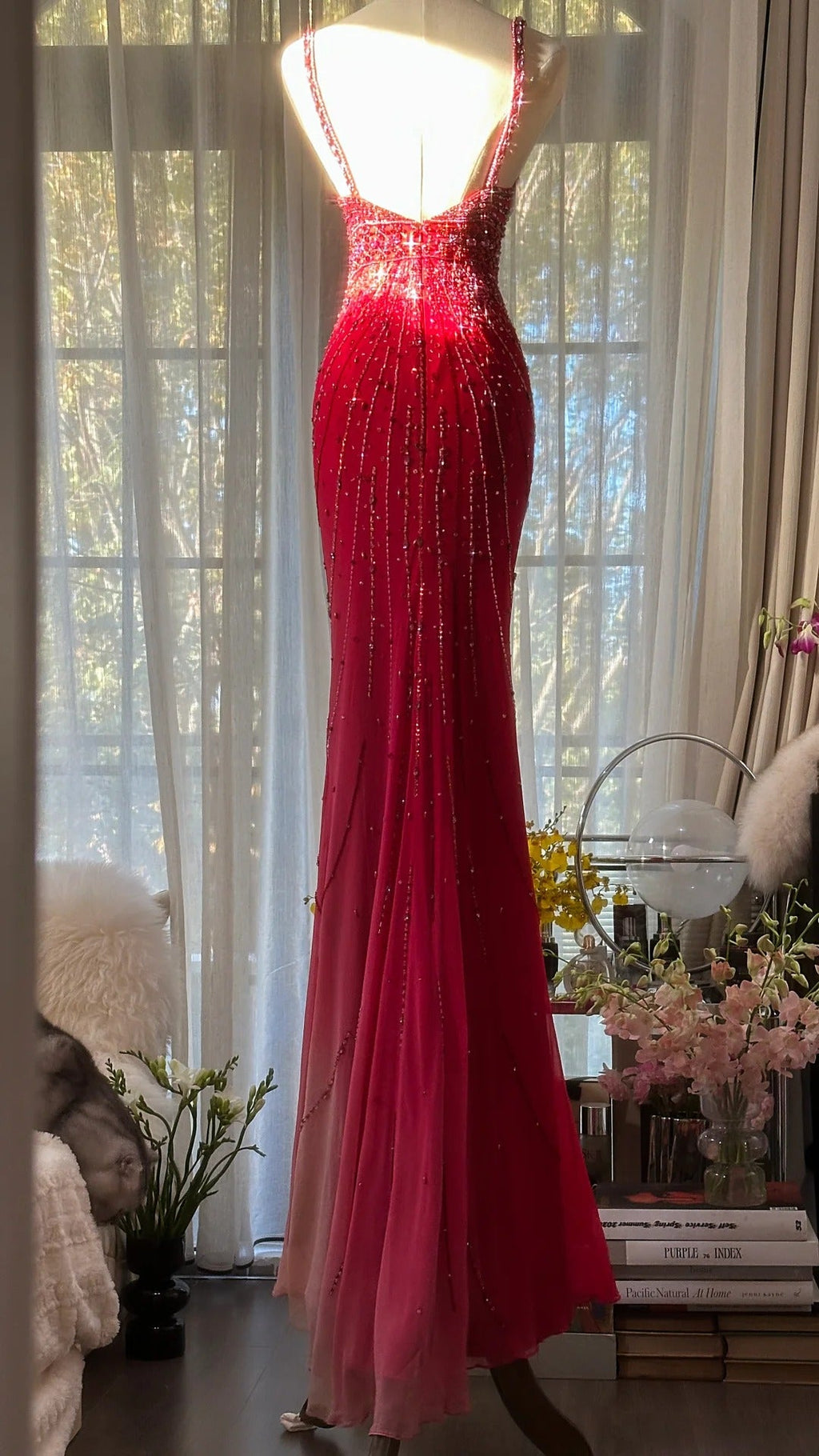 Red Beaded Vintage Evening Dresses, Sleeveless Long Party Gowns  25501