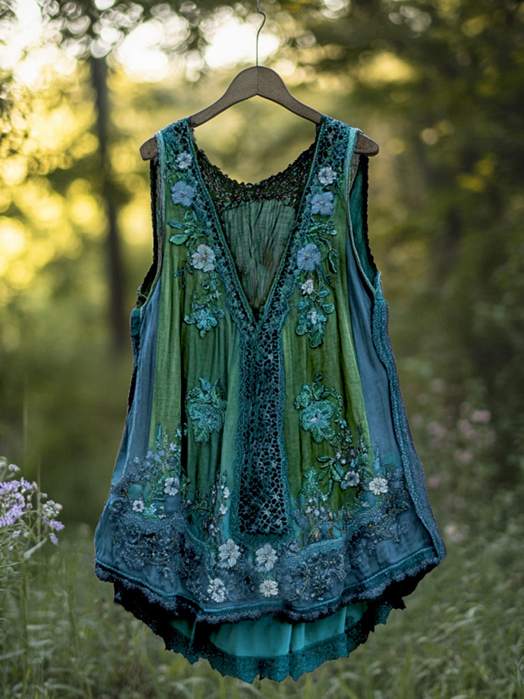 Boho Lavender Lace Art Linen Lace Patchwork Art  Sleeveless Tank Top