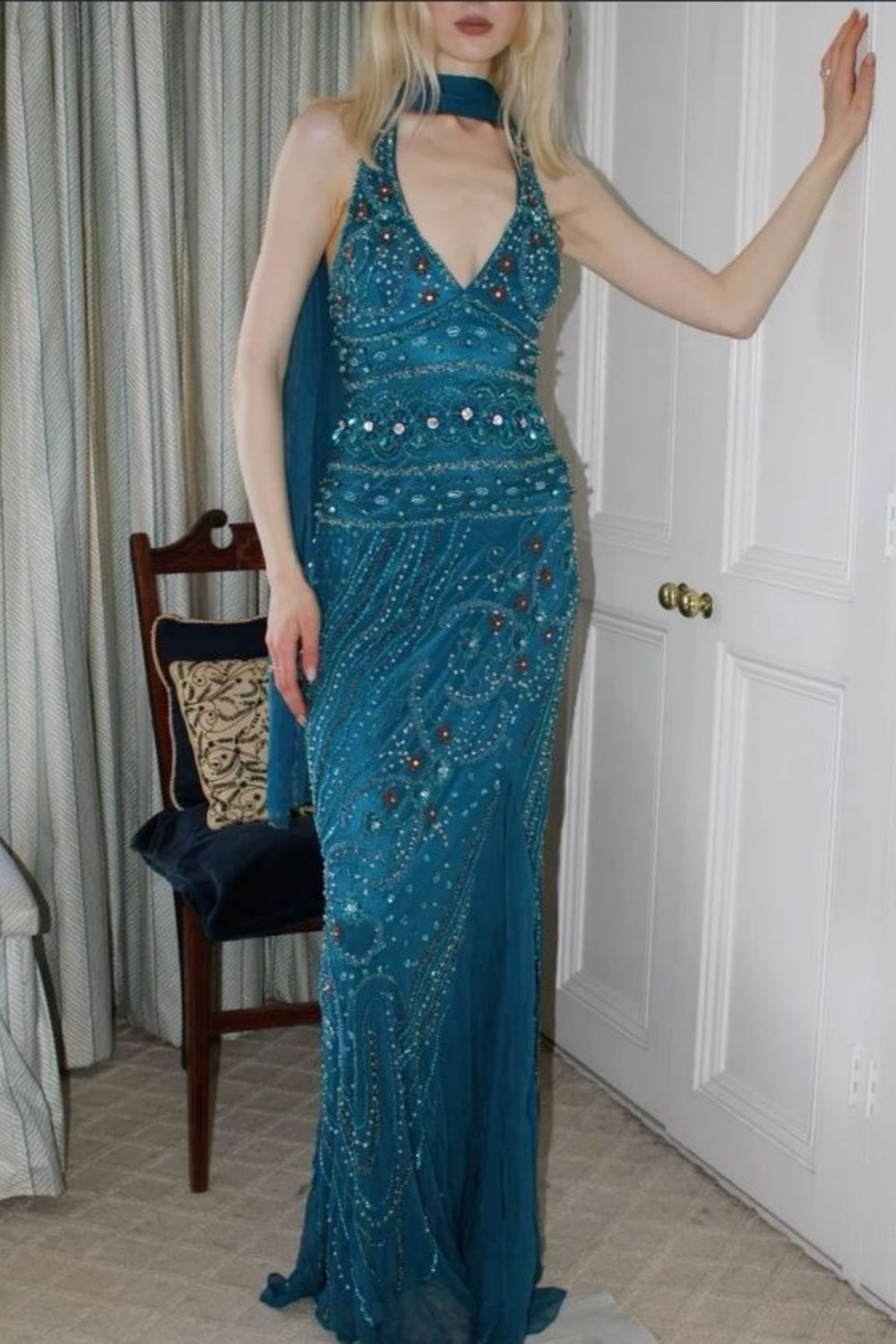 Blue delicate beaded chiffon long dress