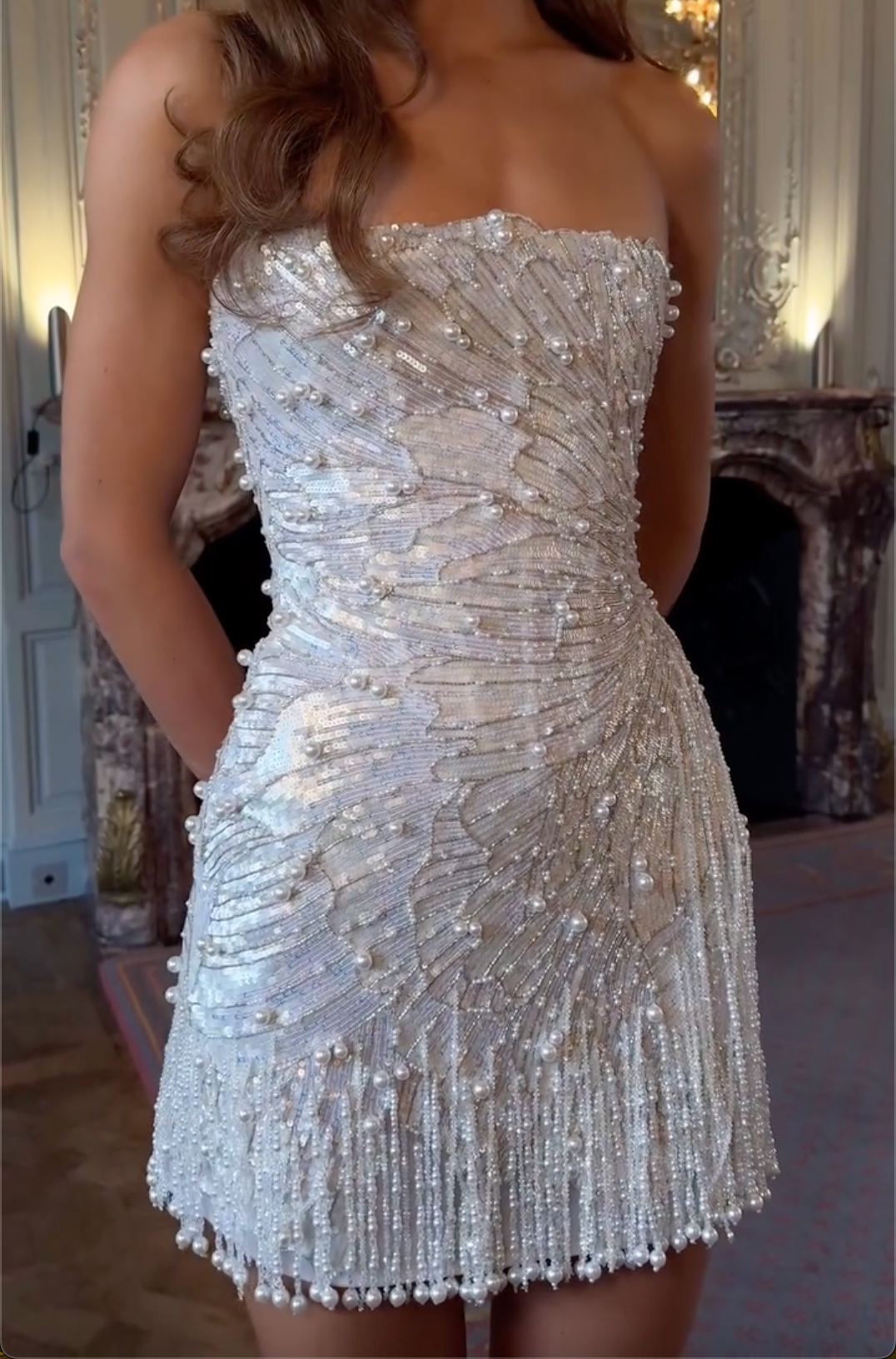 White Iridescent Sequin Mini Dress with Pearl Fringe
