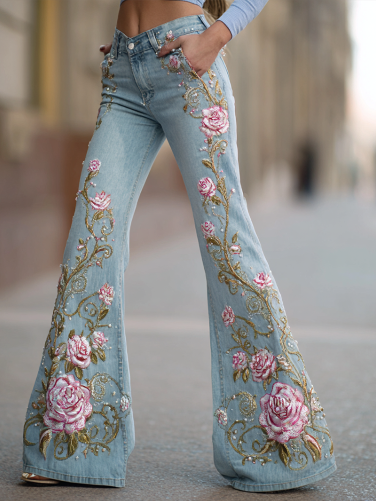 Bohemian Style Women's Plant Flower Embroidery Loose Fit Wide Leg Straight Leg Denim Long Pants
