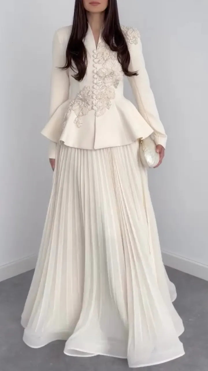 Lace Peplum Jacket & Pleated Maxi Skirt Co‑Ord Set