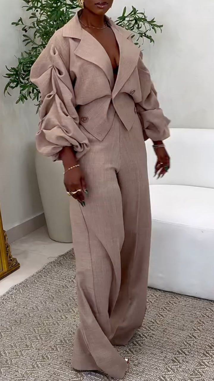 Women's Lantern Sleeve Suit Jacket + Trousers Casual Set