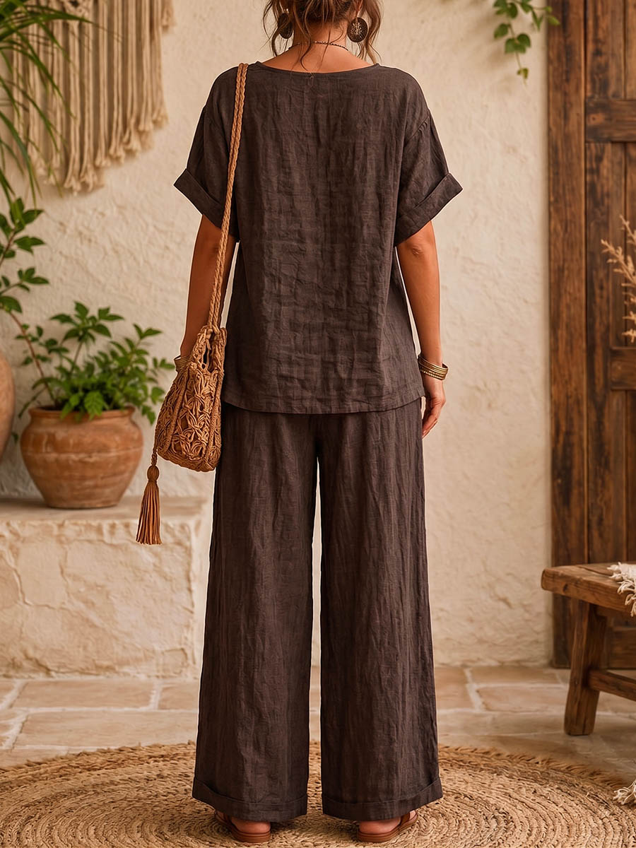 Women's Cotton-linen Set: Round-neck Short-sleeve Loose-fit Casual Top & High-waisted, Loose, Wide-leg Pants