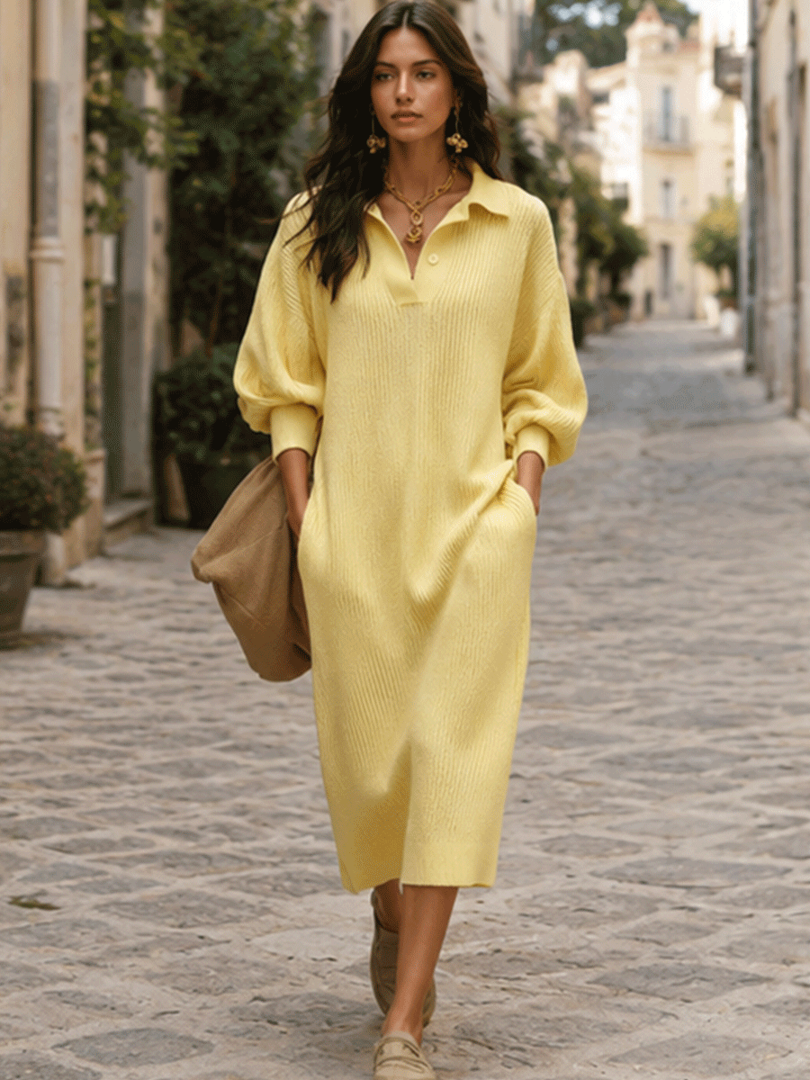 Women's Oversized Ribbed Knit Polo Collar Sweater Dress Long Sleeve Midi Dress