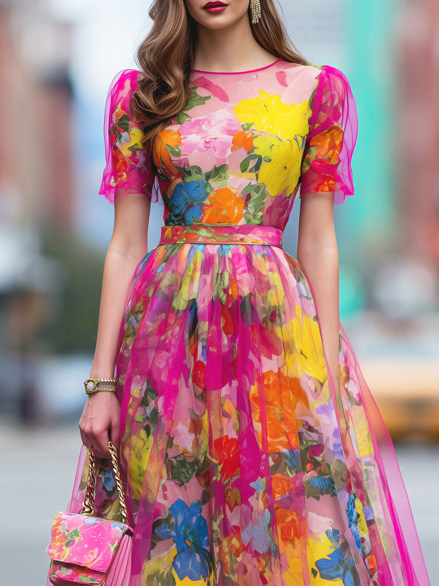 Women's Fashion Floral Art Print Casual Stylish Short Sleeve Comfortable Dress