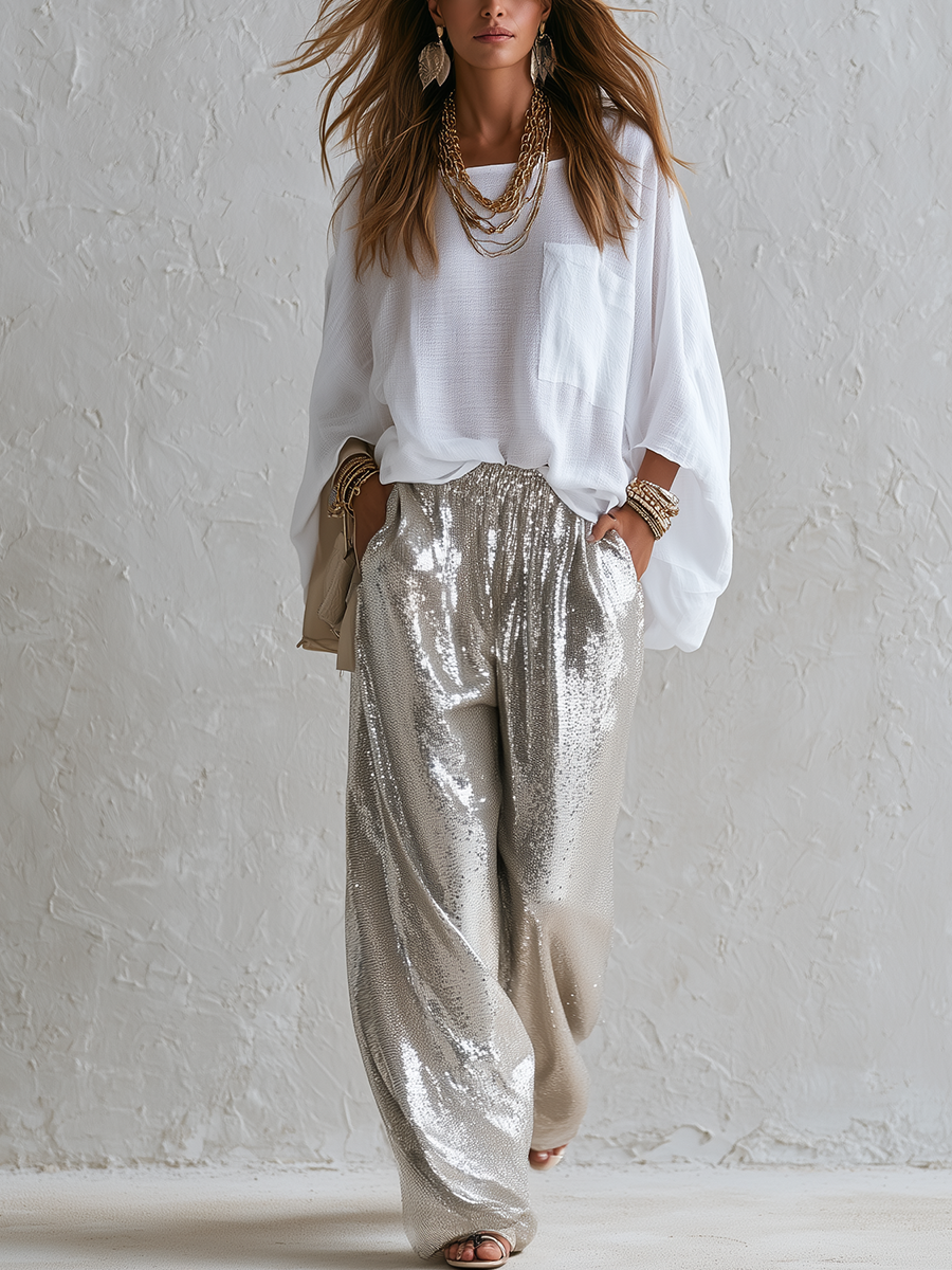 Bohemian Cotton-linen Top And Sequined Trousers Set