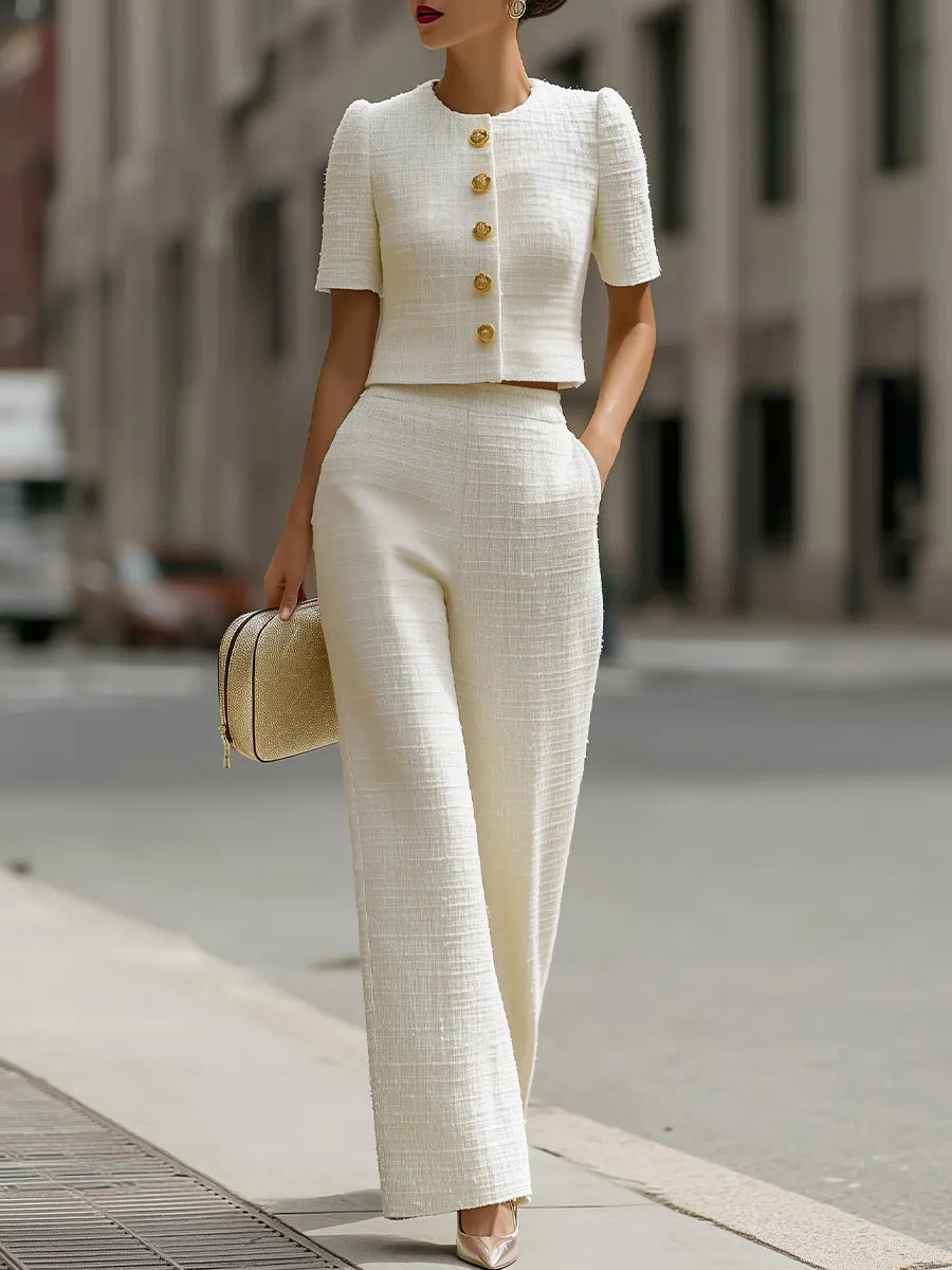 Tweed Cropped Short-Sleeve Jacket & High-Waisted Wide-Leg Pants Two-Piece Set