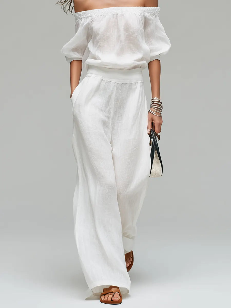 White Off-the-shoulder Linen Blend Top And Wide-leg Pants Set