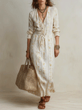 Elegant Vacation Cream Floral Long Sleeve Boho Maxi Dress