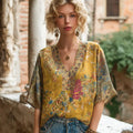 Bohème Color Floral Retro V-neck Linen Short Sleeve