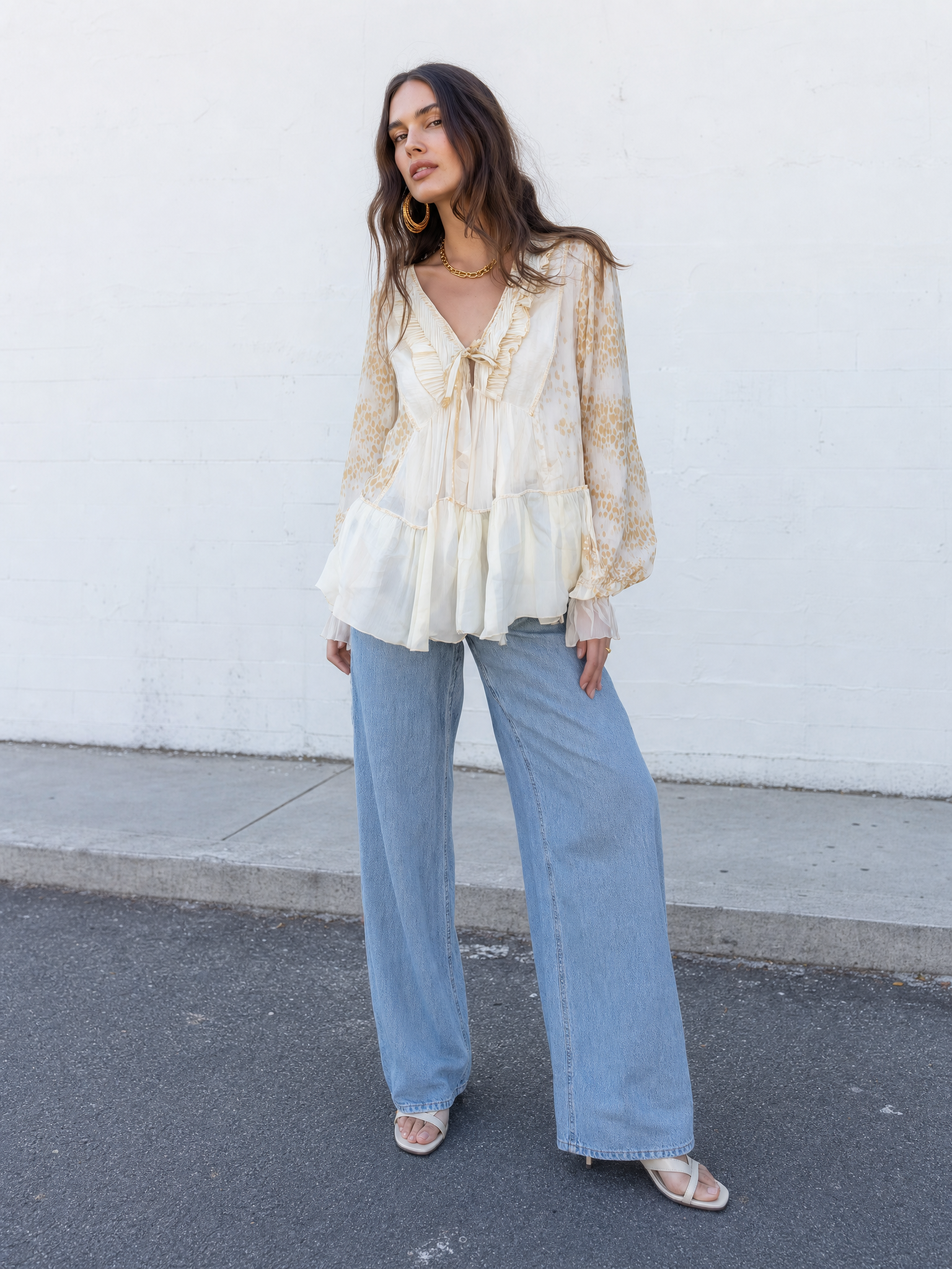 Leopard Print V-Neck Ruffle Tie-Front Blouse with Bishop Sleeves