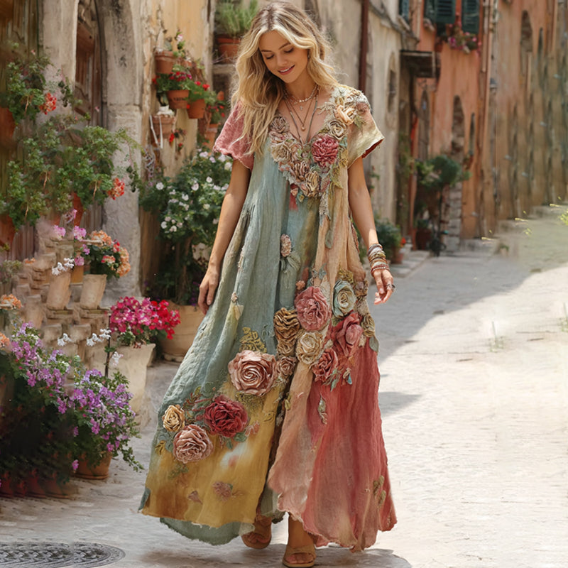 The Ice Cream Collection Women's Classic Bohemian Floral And Rose Gradient Art Linen V Neck Maxi Dress