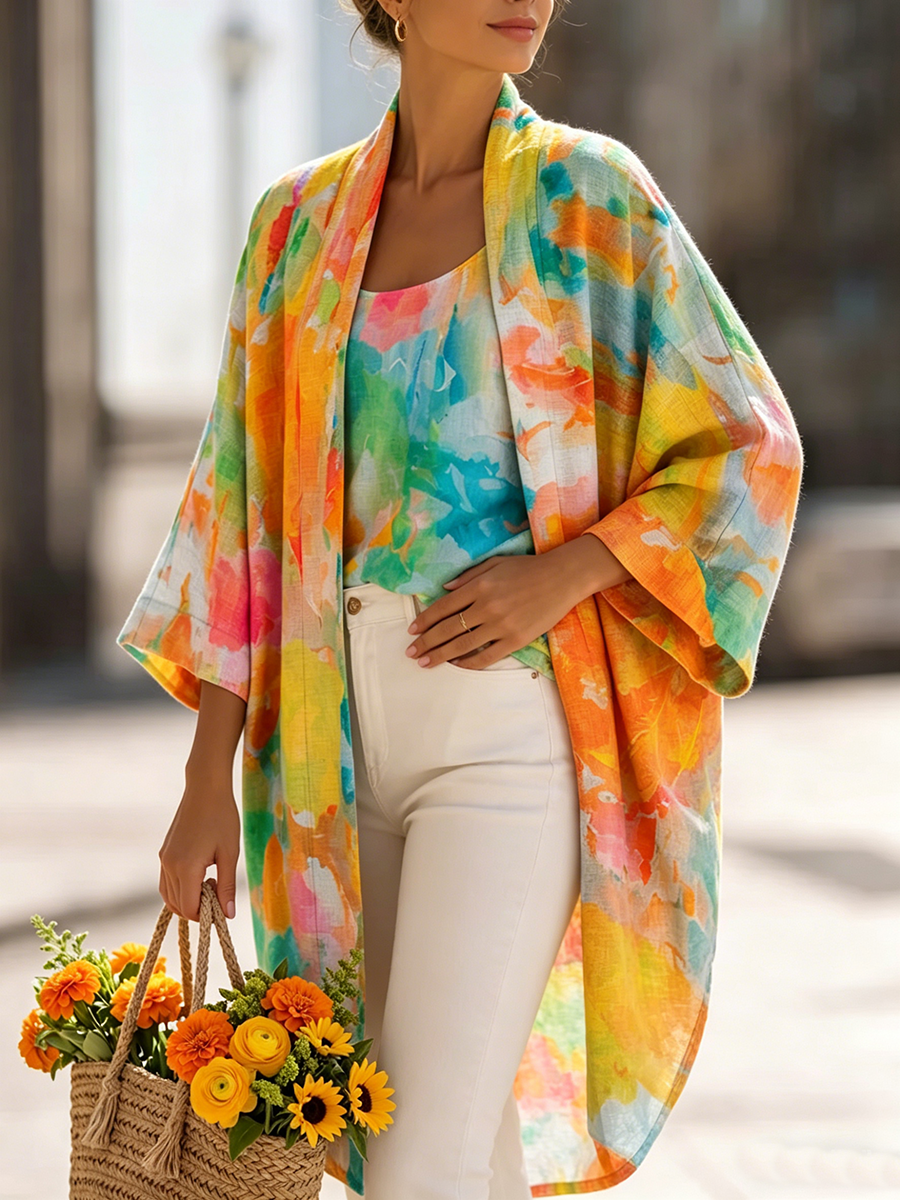Artistic Watercolor Print Cotton-linen Cardigan & Vest Two-piece Set