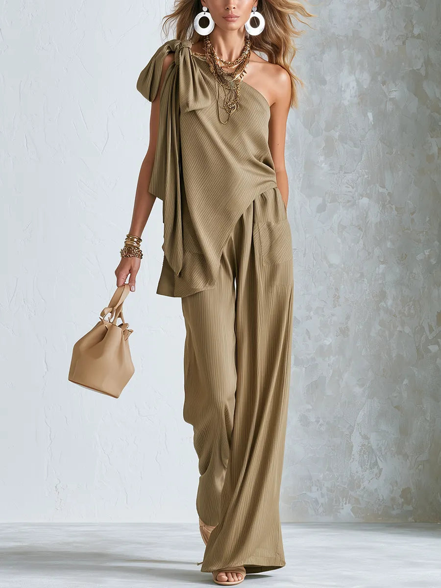 Stylish Khaki Textured One Shoulder Top And Pants Set