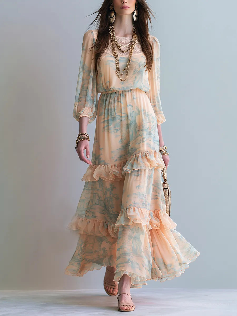 Bohemian Apricot Ruffled Maxi Dress