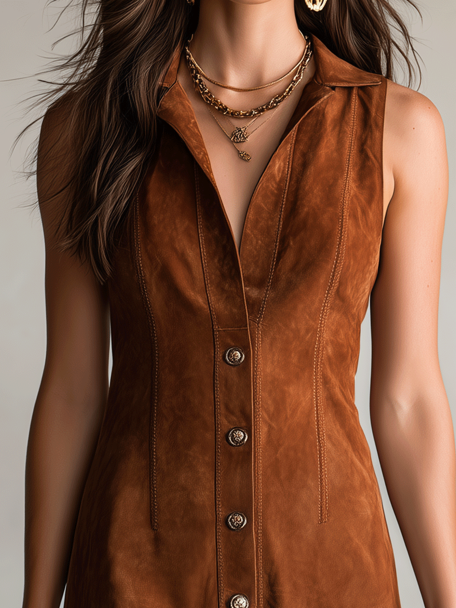 Bohemian Suede-Look Resort Cognac Brown Button-Front Midi Dress