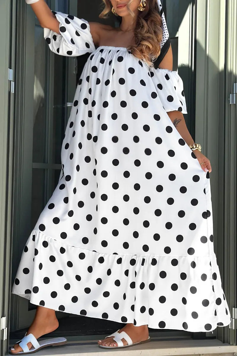 White Black Polka Dot Off Shoulder Maxi Dress