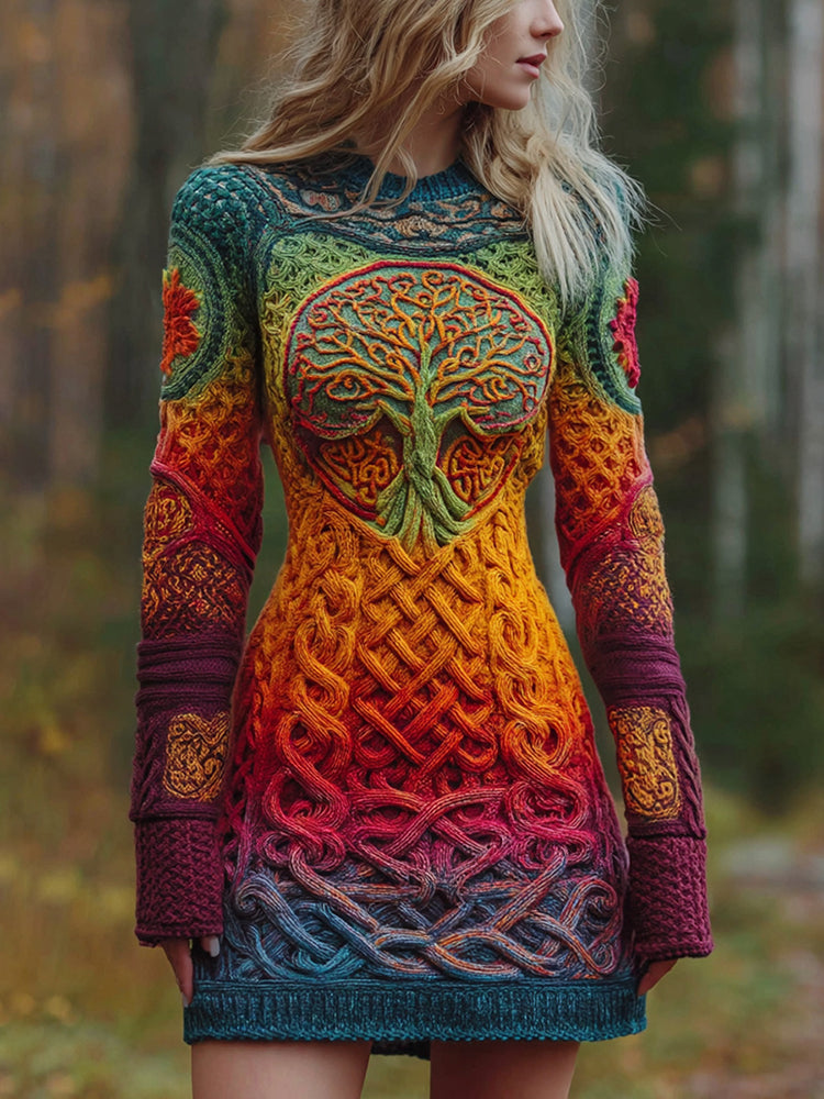 Women's Viking Celtic Knot With Tree Of Life Irish Rainbow Art Cozy Knit Mini Sweater Dress
