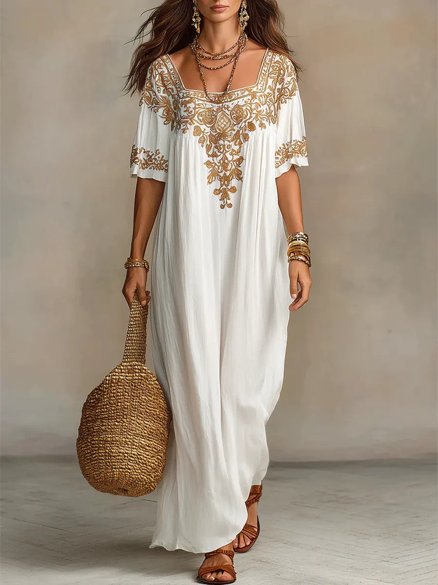 Women's Ethnic Floral Art Casual Fashion Cotton Maxi Dress