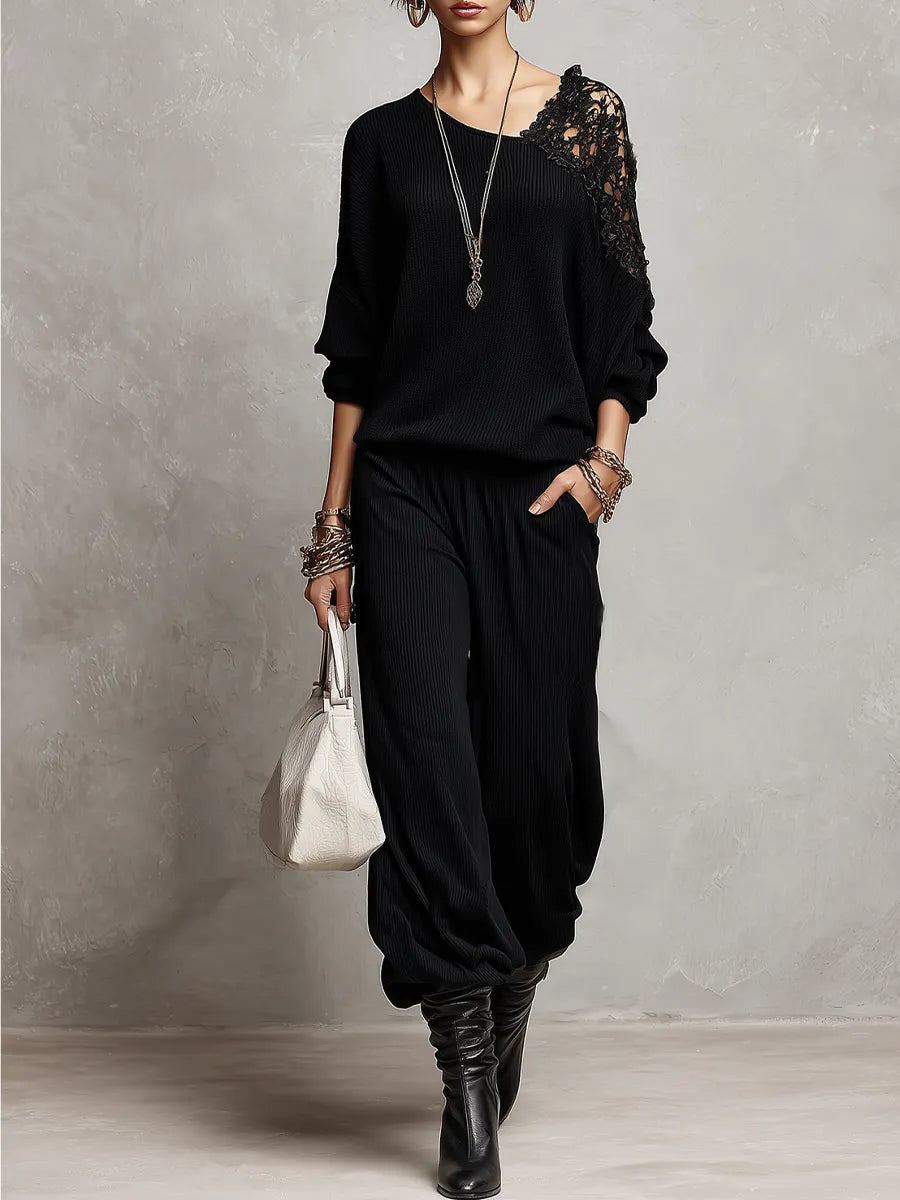 Modern Bohemian Black Lace Trouser Set