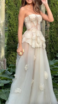 Off White Strapless 3D Floral Beaded Peplum Sheer Tulle A Line Wedding Maxi Dress For Bride Engagement Editorial Shoot Garden Wedding