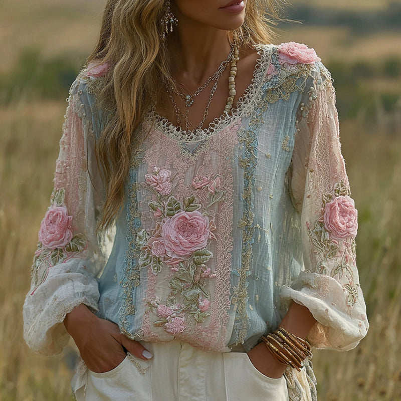 Women's Floral Embroidered Round Neck Comfortable Top