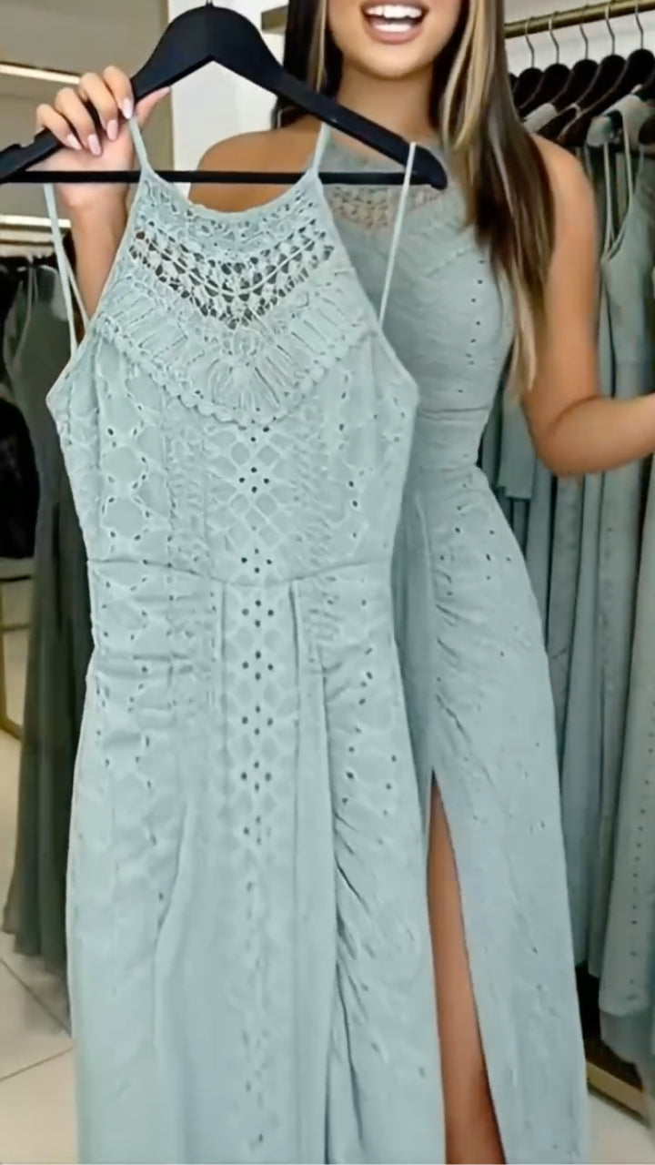 Mint Green Cutout Lace Halter Maxi Dress
