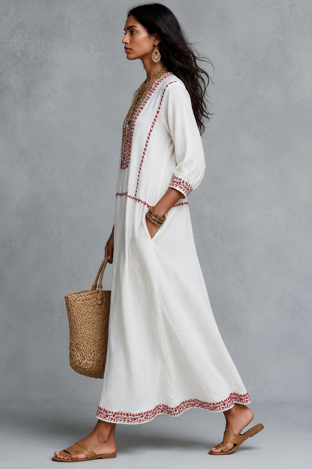 Ethnic Folk Cotton-Linen Embroidered V-Neck Ivory Kaftan Maxi Dress