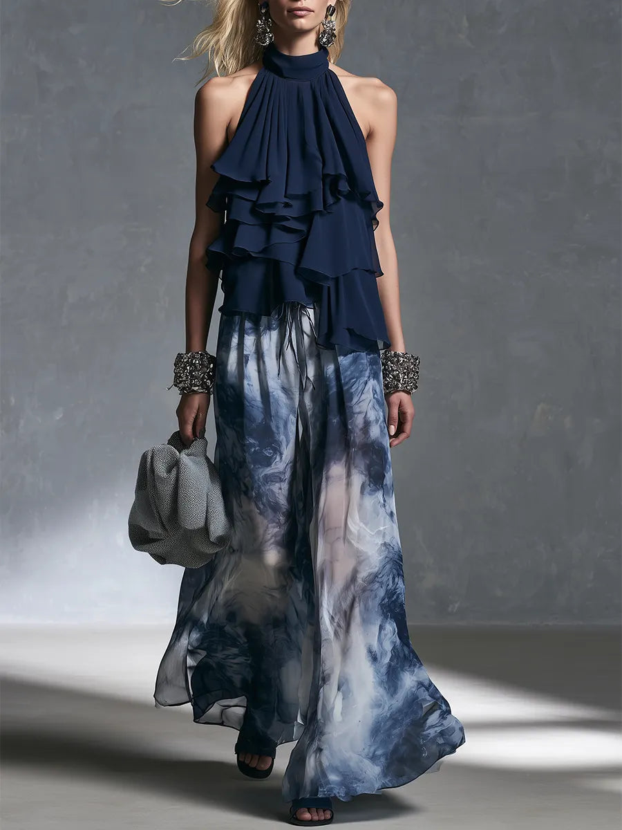 Resort Luxe Halter Ruffle Top & Watercolor Palazzo Pants Set