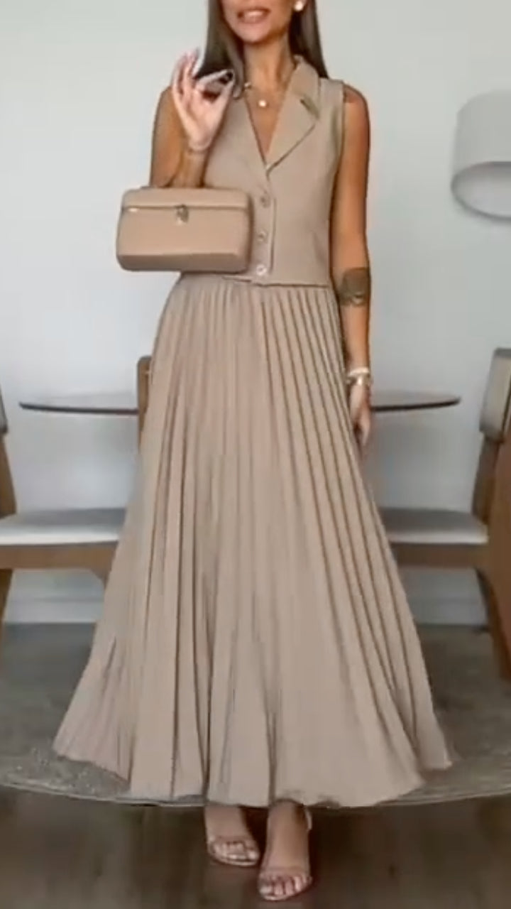 Beige Sleeveless Blazer Vest Pleated Maxi Skirt Set
