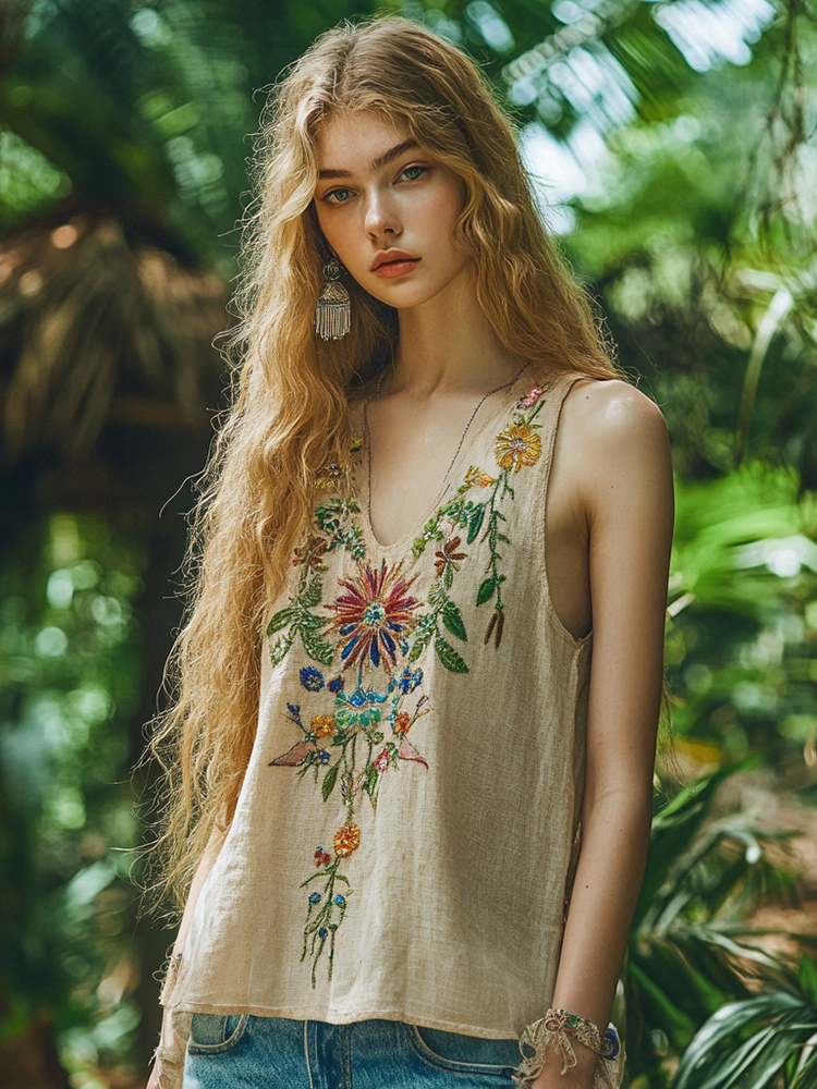 Women's Boho Vintage Floral Embroidery Art Tank Top