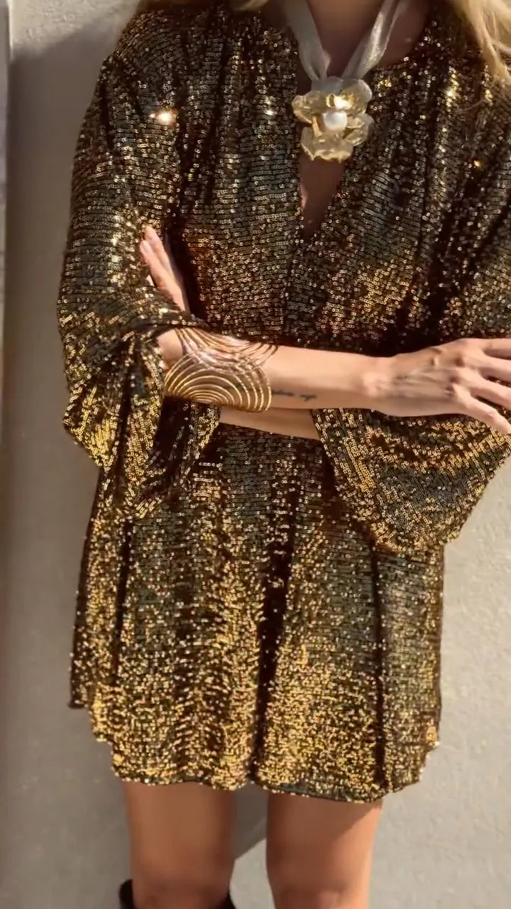 Gold V-Neck Sequined Party Dress