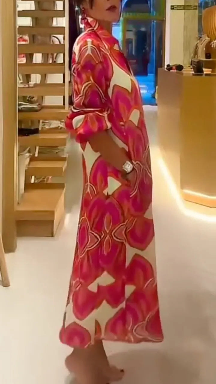 Geometric Print Shirt Collar Maxi Dress