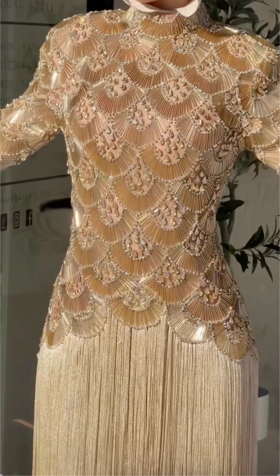 Gold Fan Beaded Tassel Modest Maxi Dress, High Neck Long Sleeve Rhinestone Muslim Evening Formal Gown
