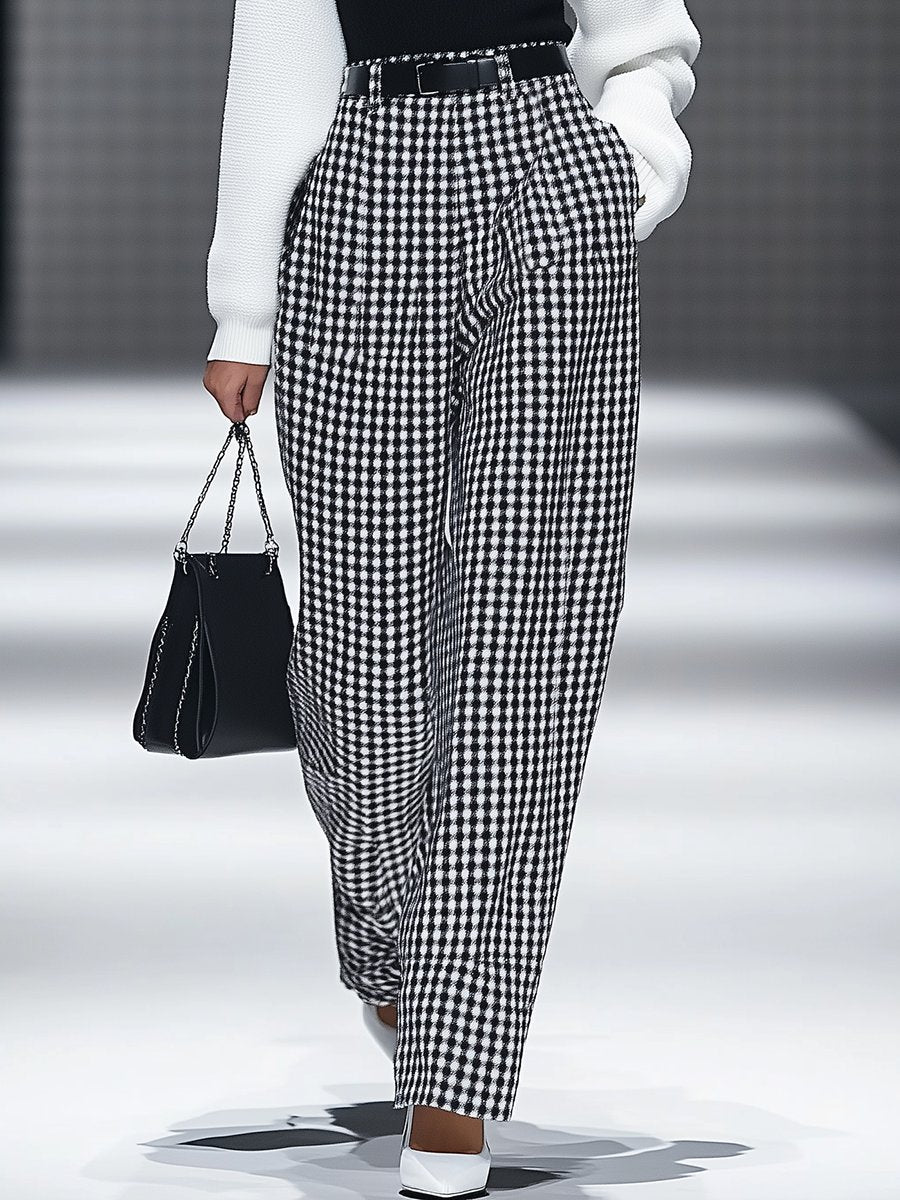 [24-hour shipping out]Fashion Retro Houndstooth Pocket Straight Pants