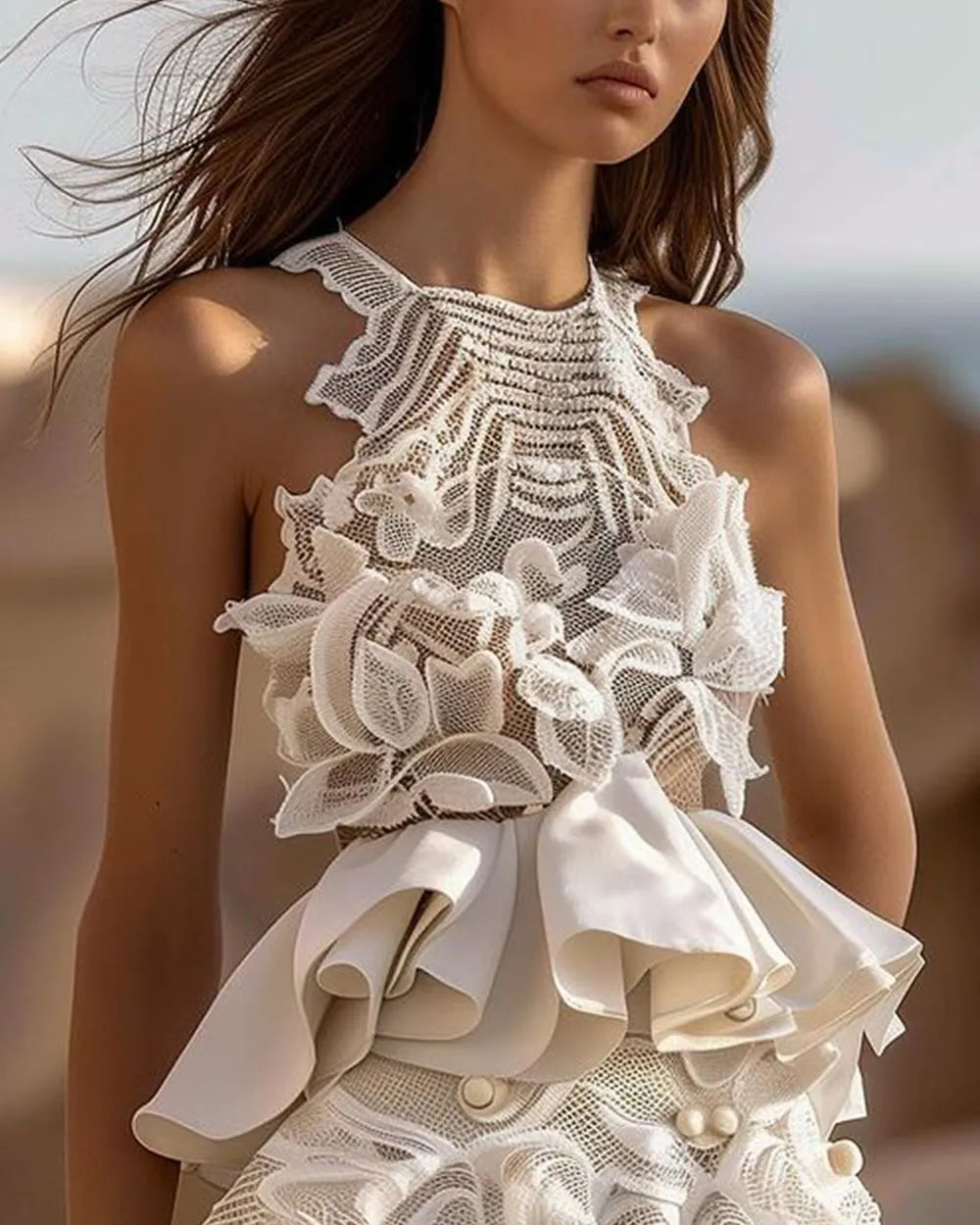 Stylish Color Block Crochet Split Ruffle Mini Dress