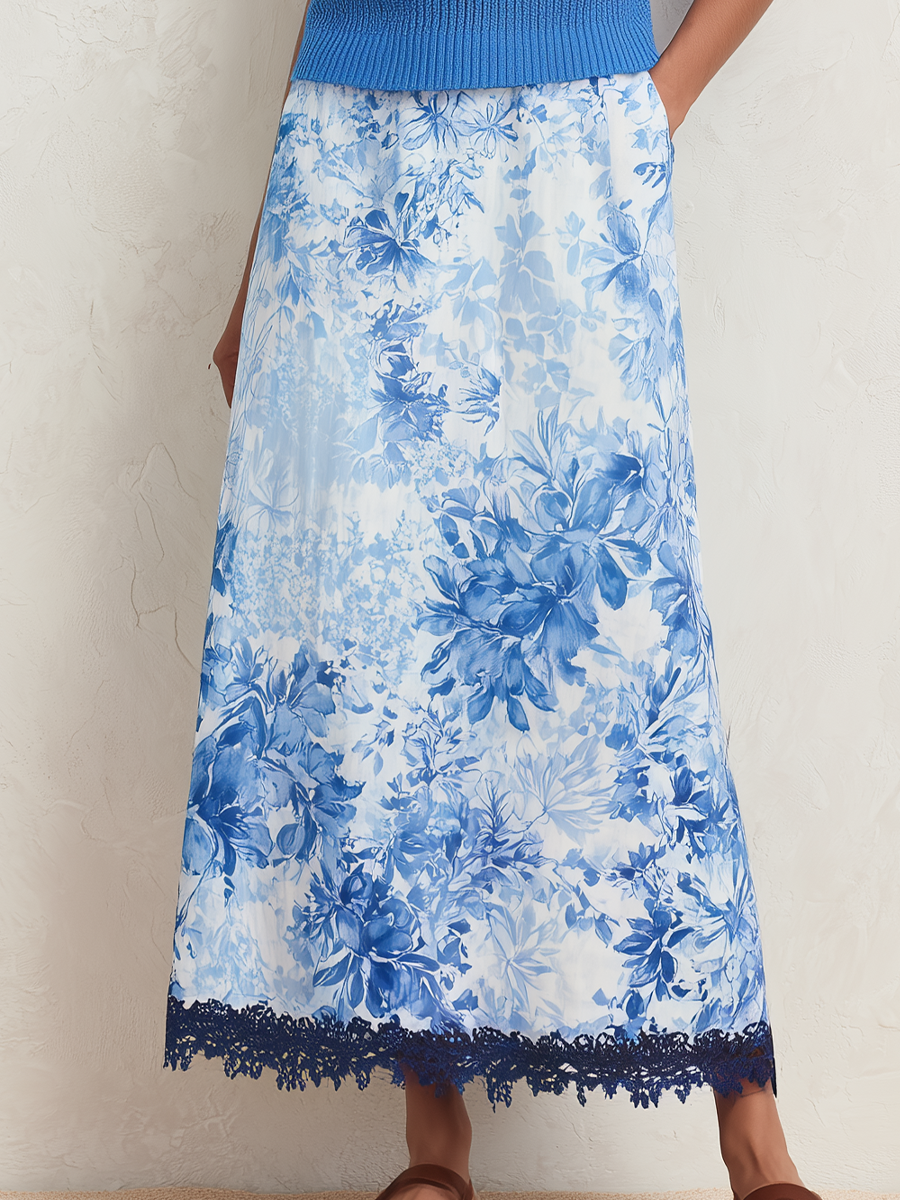 Elegant Blue Floral Print Knit Top & Midi Skirt Set