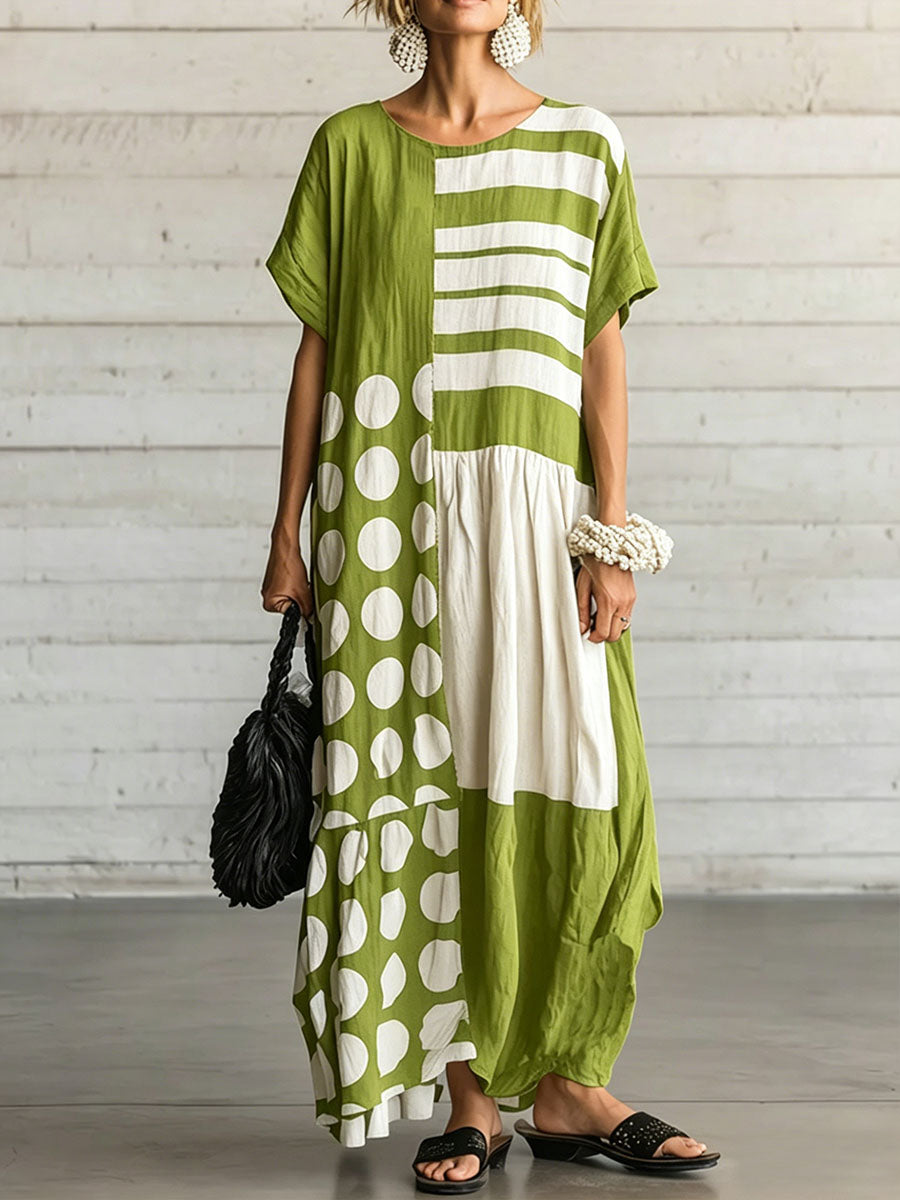 Women's Casual Loose Cotton-linen Dress With Polka Dot & Geometric Print Round Neck And Short Sleeves