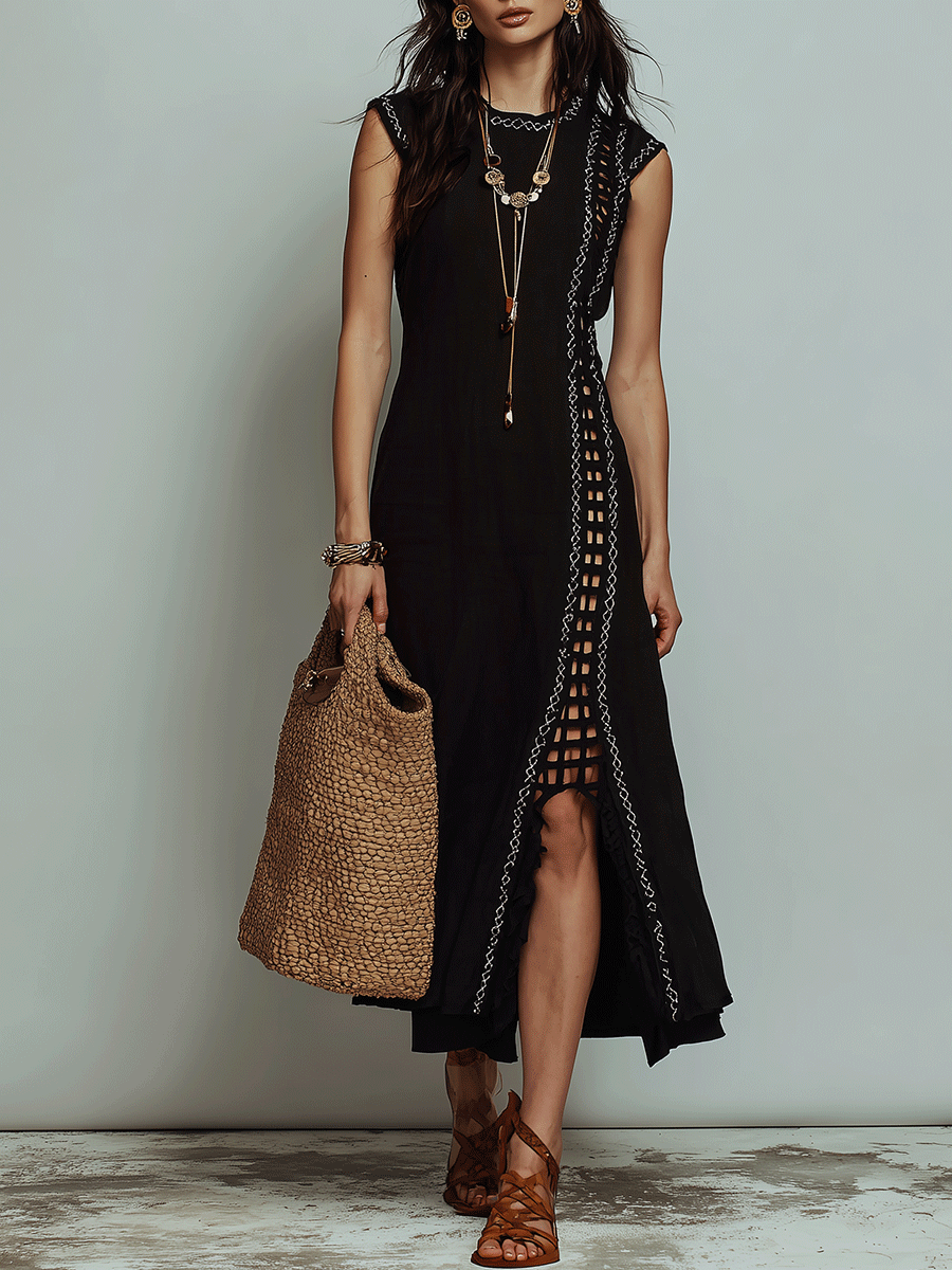 Effortless Coastal Elegance Black Crochet Trim High-Slit Midi Dress