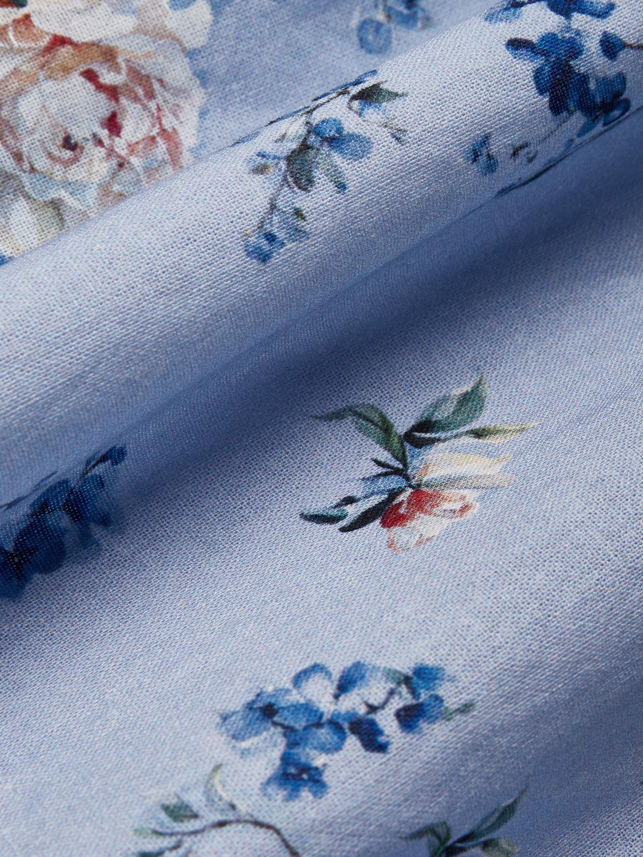 Maxi Linen Dress, Puff Sleeves, Crew Neck, Floral, Linen Blend, Blue