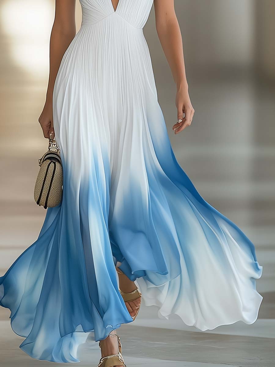 [24-hour shipping out]Elegant And Flowing V-Neck Pleated Chiffon Blue Gradient White Maxi Dress